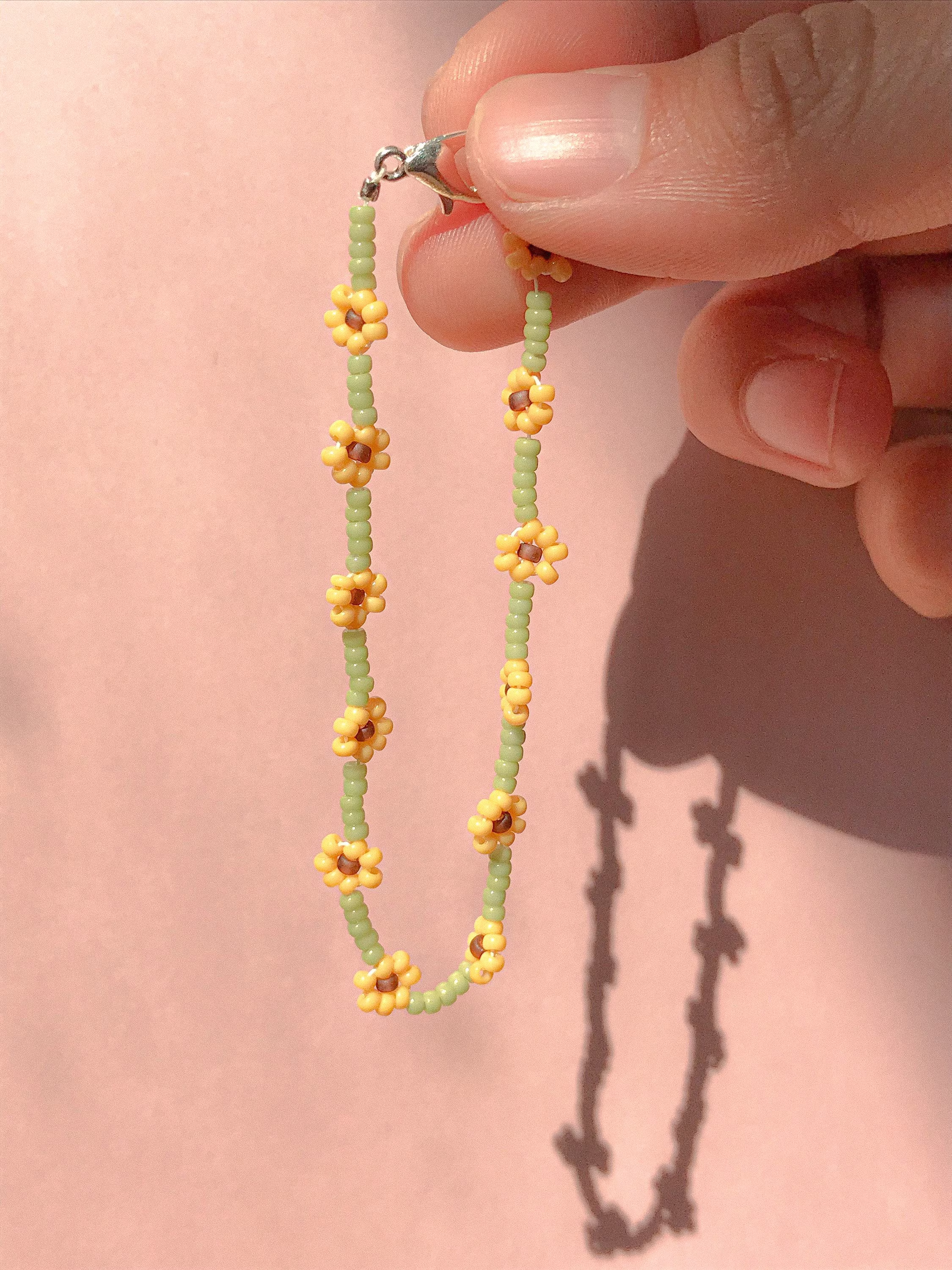 Yellow Sunflower Seed Bead Bracelet, Daisy Chain Bracelet