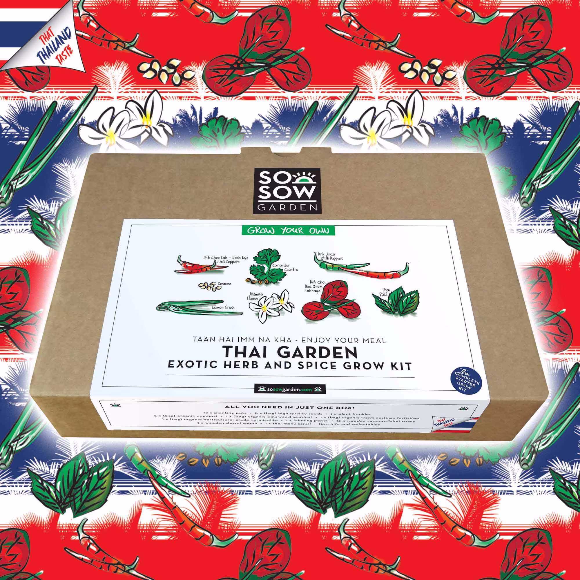 Thai Garden Grow Kit - Herb & Spice Collection Your Own Chilli Lemon Grass Pak Choi Coriander- Basil Jasmine