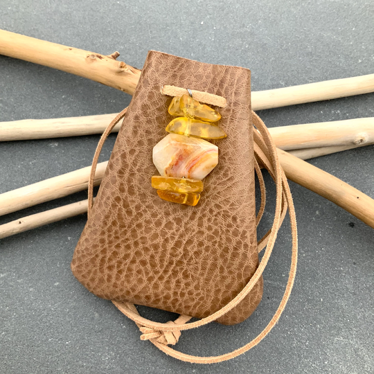 Vegan Leather Medicine Bag Copal Beads Amulet Crystal Faux Healing Stones Spiritual Gift Mala Eco Necklace Pouch