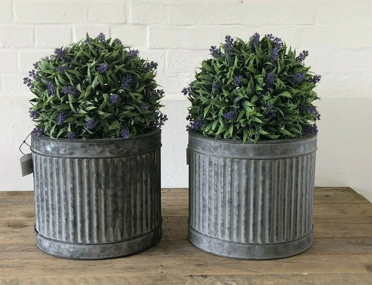 Set 2 Large Round Galvanised Zinc Ribbed Metal Barrel Planter Plant Flower Pot Garden