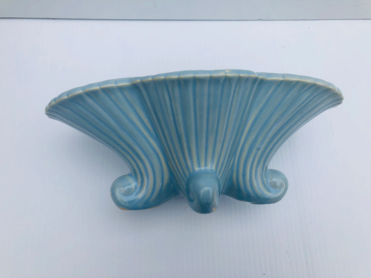 Vintage, Pottery Planter, Glossy, Pastel Blue, Ribbed, Fan Shaped, Planter With Scrolled Feet, Marked Usa On The Bottom, Scalloped Opening