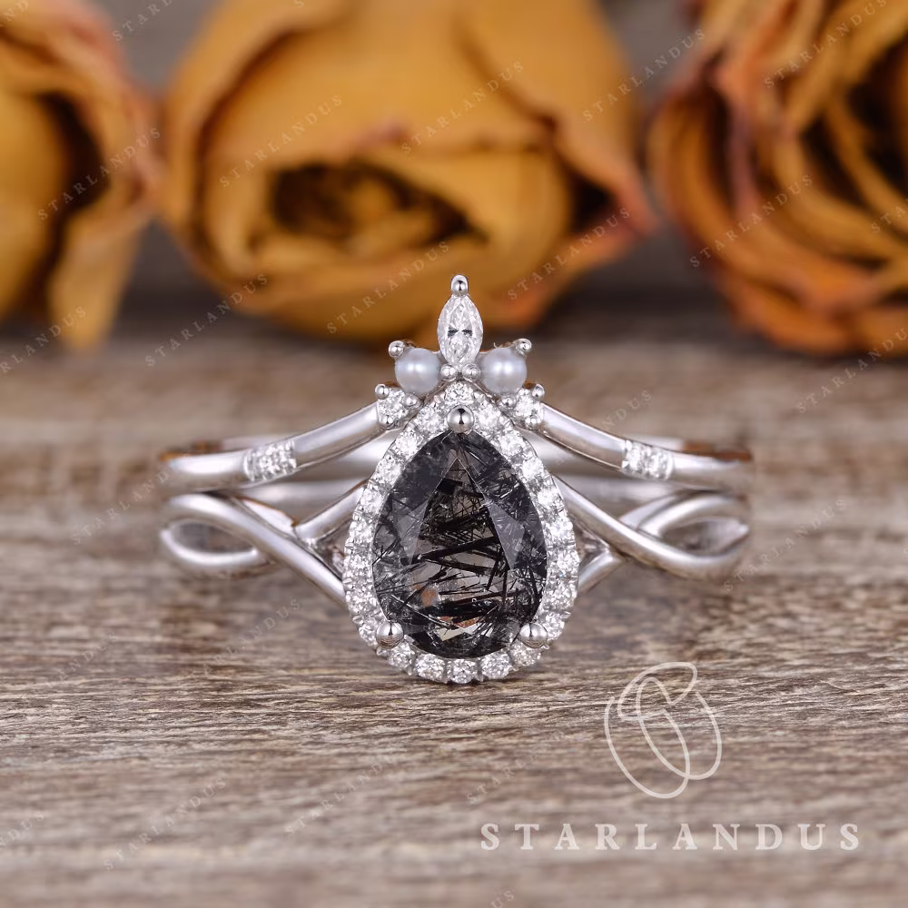 Salt & Pepper Quartz Ring 1Ct Pear Black Rutilated Bridal Set 2Pcs White Gold Infinity Crown Unique Dust Crystal