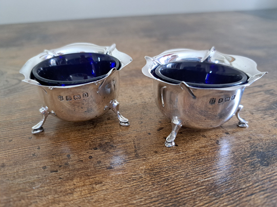 Two Matching Antique Hallmarked Birmingham Silver Salt Dishes, Dated 1913, Blue Liners, Pair Of Salts