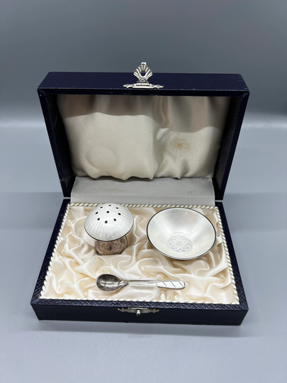 Denmark Egon Lauridsen Solid Silver & Guilloche Enamel Salt & Pepper Set