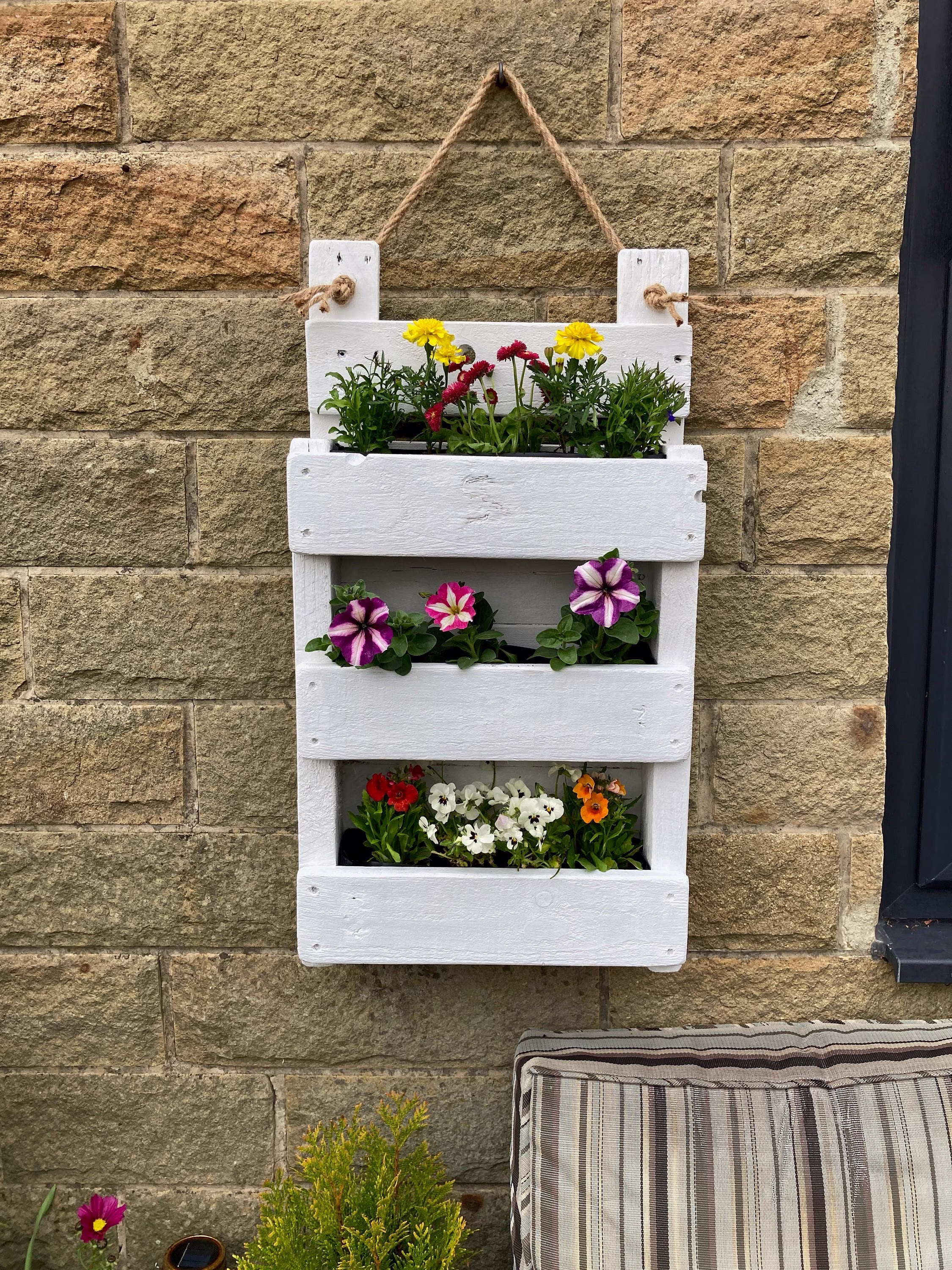 Sale 10% Off Large Wall Fence Hanging, Tiered Planter, White, Herb Garden, Handmade, Reclaimed Pallet Wood, Rustic, Trough, Chunky
