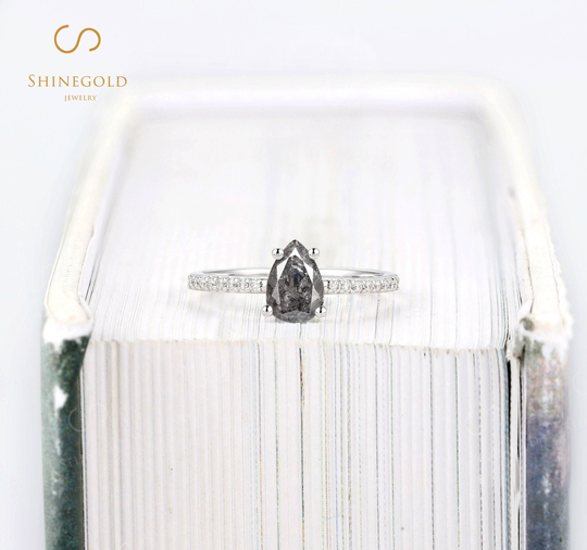 Salt & Pepper Diamond Engagement Ring White Gold Pear Cut Vintage Art Deco Prong Set Half Eternity Moissanite Promise Anniversary