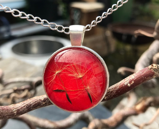 Dandelion Seed Necklace, Red Army Brat Dandelion Wishes, Glass