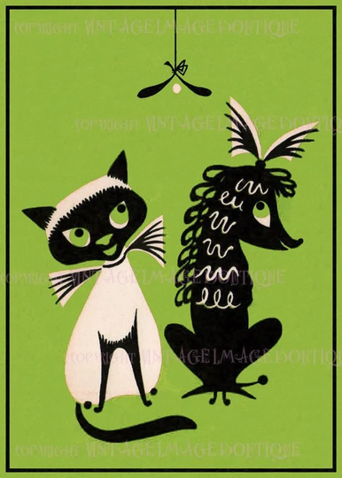 Fabulous 1950's Kitschy Illustration Of A Siamese Cat & Poodle Under Mistletoe Christmas Seasonal Winter Solstice Holiday 5x7 Greeting Card