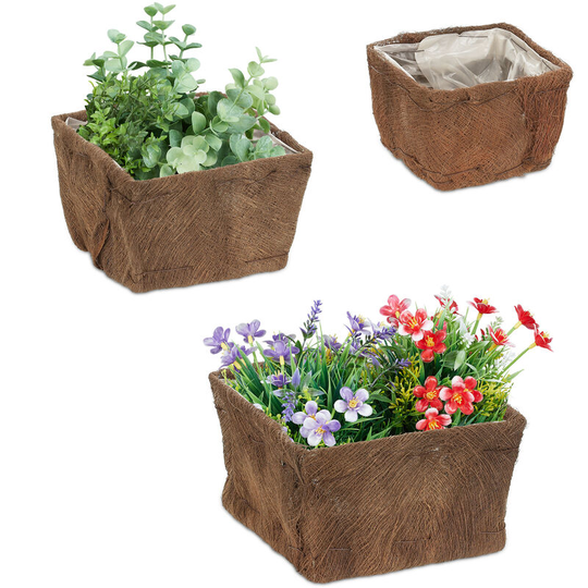 Relaxdays - Set of 3 Flowerpots, Coconut Fibre, Square, 3 Sizes, Garden, Balcony & Windowsill, Planter with Foil, Natural