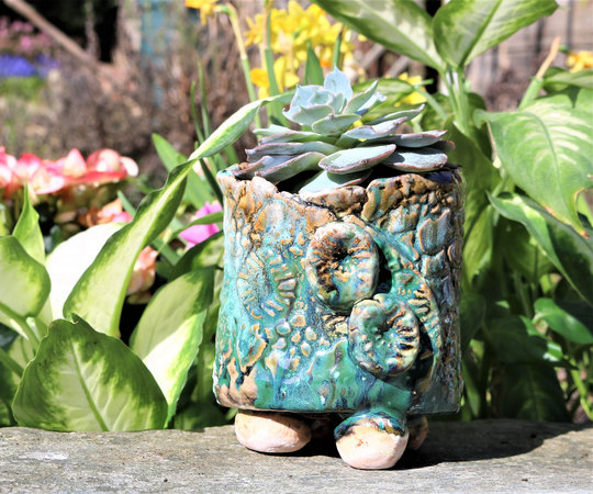 Four Inch Hand Made Heavily Textured Little Planter in Green & Brown With Lacey Dragon Scale Pattern, Planter, Plant Pot, Small