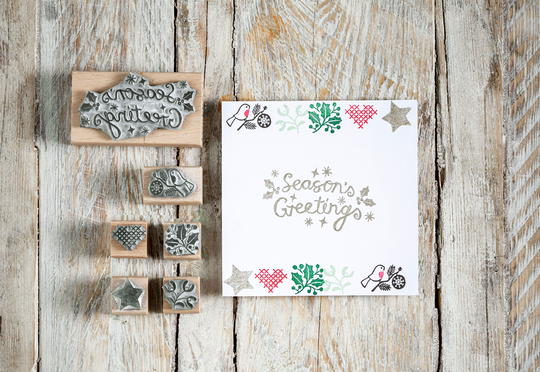 Season's Greetings Rubber Stamp, Christmas Holly Star Robin Stamp