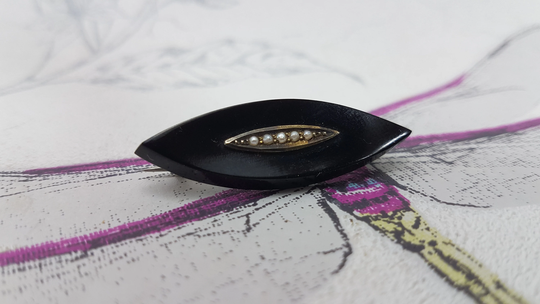 Antique Jet Seed Pearl Brooch, Antique Mourning Small & Brooch