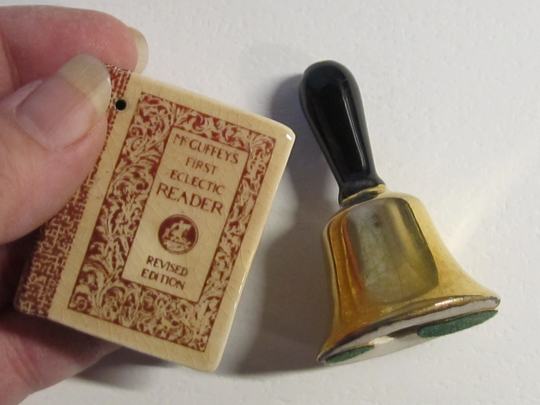 Vintage Arcadia Tiny Miniature Salt & Pepper Shakers - Gold School Bell Mcguffey's First Eclectic Reader Book