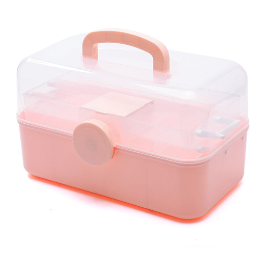 Three-layer folding medicine box Full storage box Cosmetic storage box - Pink