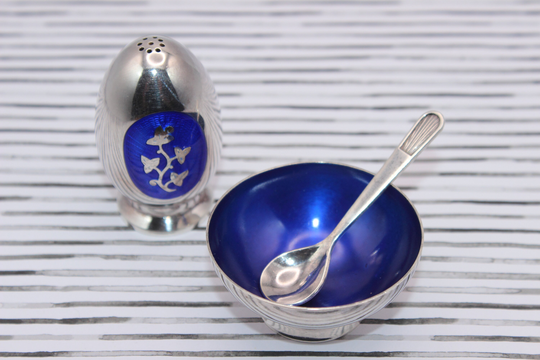 Meka Reklamegaver - Vintage Danish Sterling Silver & Blue Guilloche Shaker, Salt Dish Spoon | Meka, Denmark Free Delivery