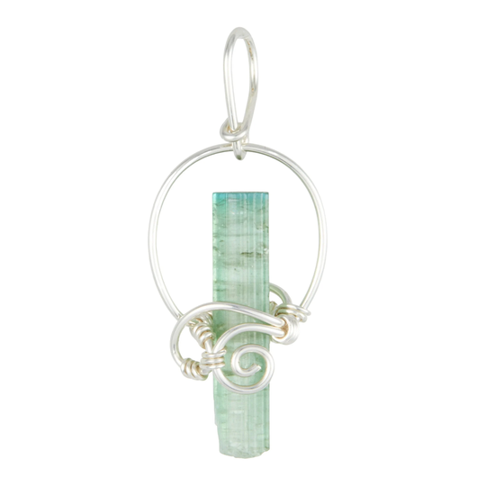 Blue Tourmaline Crystal Pendant Sterling Silver Wire Wrapped - Tourmaline Pendant Green Blue Stone 92