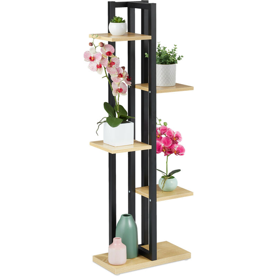 Relaxdays - Metal Flower Stand, 5-Tier Indoor Pot Shelf Ladder, Wooden Look, 117 x 43 x 22 cm, Plant Rack, Light Brown