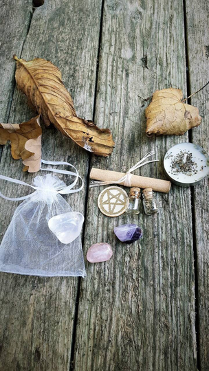 Wiccan Pagan Witch Protection, Positive Energy, Negativity Removal Spell Kit Crystals Pentagram Handmade White Sage Candle Altar Tools Magic