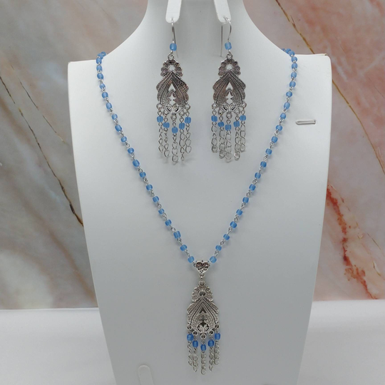 Bali Style Blue Seed Bead Dainty Beaded Chain Necklace & Chandelier Earring Set, Unique Statement Ethnic Jewelry, Gift For Her