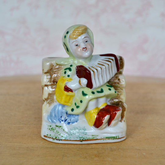 Vintage Ceramic Planter With Woman Playing Accordion Made in Occupied Japan