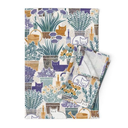Whimsical Cats Tea Towels | Set Of 2 - Herb Garden With By Patricia_Lima Modern Botanical Linen Cotton Spoonflower