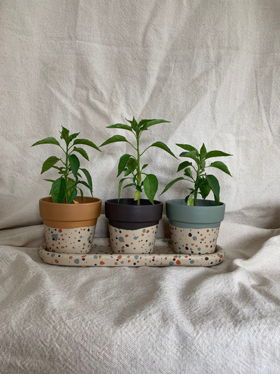 Trio Of Hand Painted Indoor Plant Pots With Matching Tray | Faux Terrazzo 11cm Diameter Boho Blue