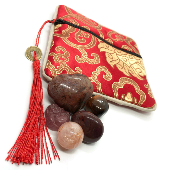 Root Chakra Crystal Set With Petrified Wood Heart | Grounding Crystals Medicine Pouch Muladhara Calm Strength Yoga