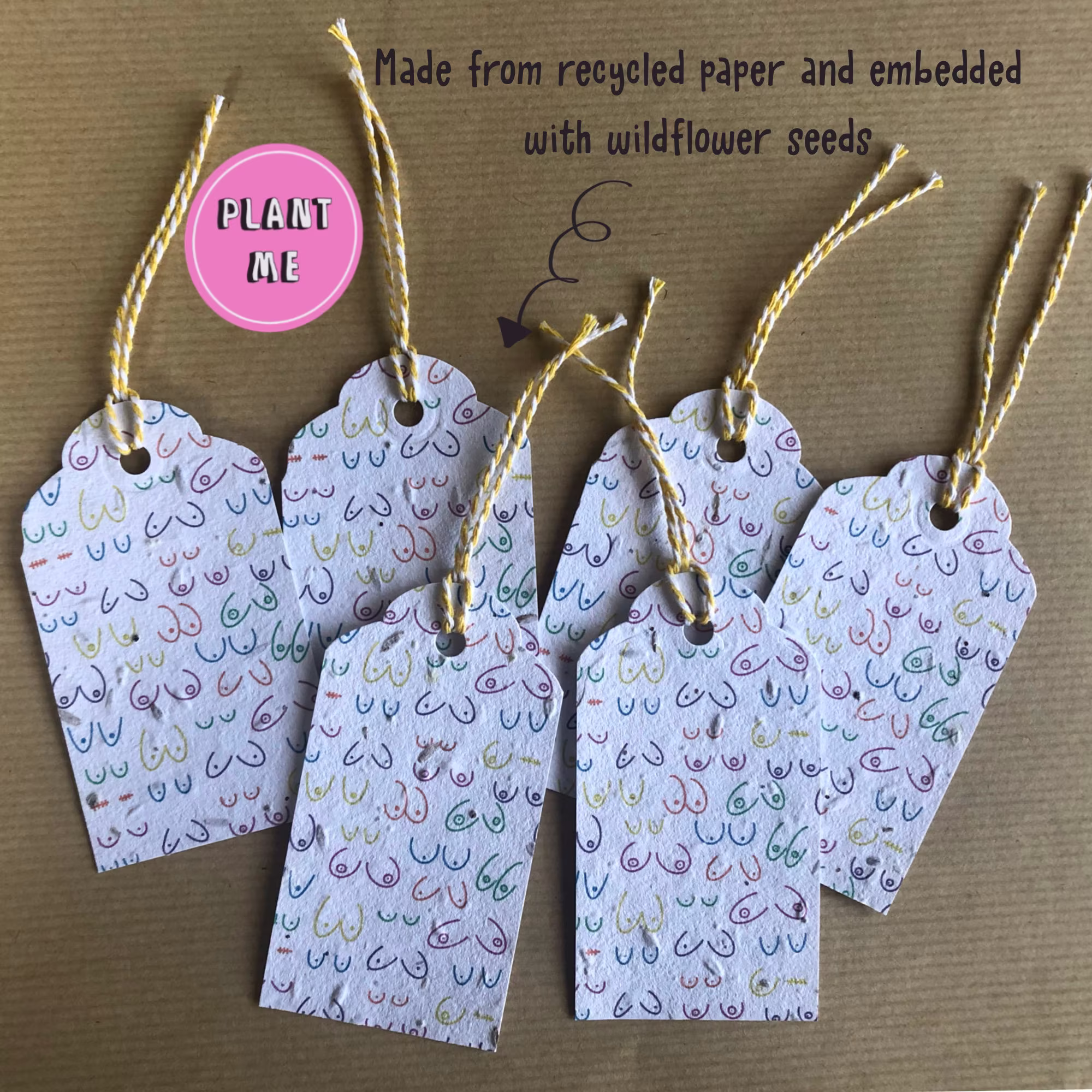 Plantable Boobie Print Gift Tags - Seed Paper Wildflowers Zero Waste Eco Friendly