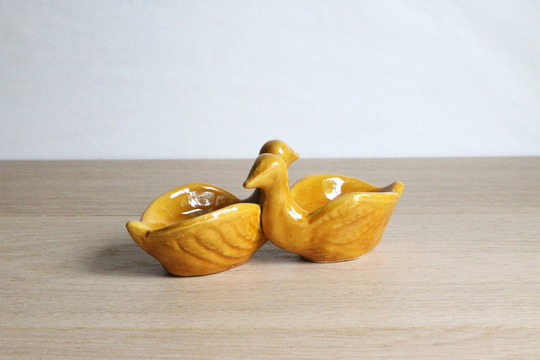 French Vintage 50S 60S Mustard Yellow Ceramic Salt & Pepper Cellar in The Shape Of Ducks
