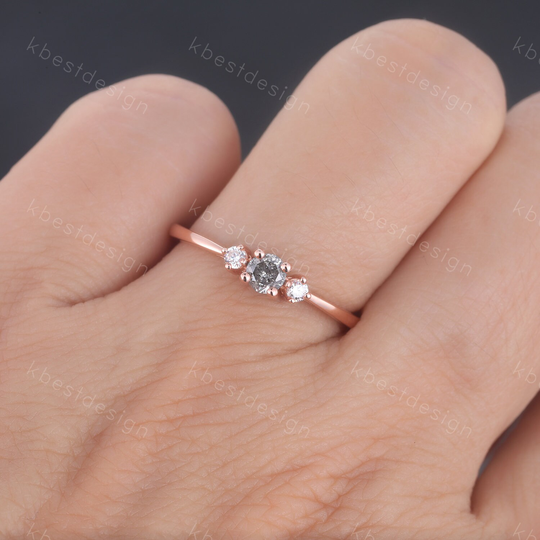 Salt & Pepper Diamond Engagement Ring Three Stone Rose Gold Dainty Wedding Promise Anniversary Gift Solitaire