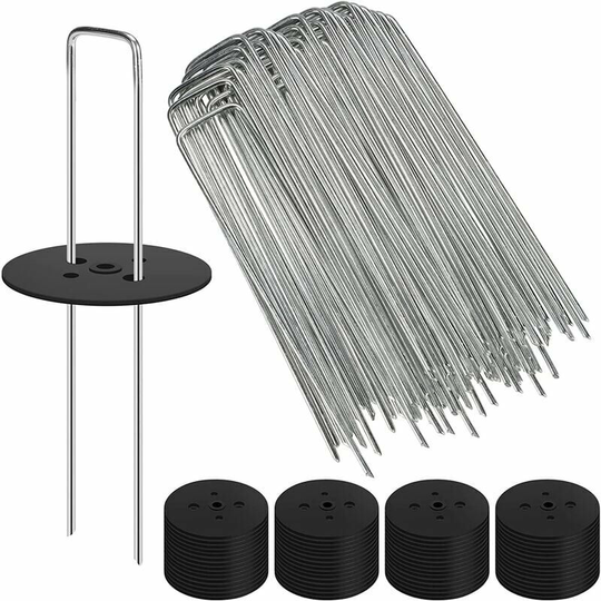 Monly - 60 Pack 15cm Landscape Garden Plant Mulching Staples + 60 Sealers, 11 Gauge U-Shaped Galvanized Ground Stakes for Weed Control Cloth,