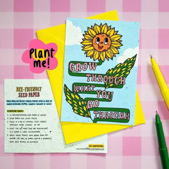 Sunflower Plantable Postcard Grow Through What You Go Through, Wildflowers Seed Paper, Illustration, Eco Friendly Recycled