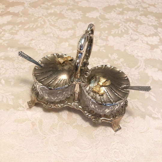 Silver Salt & Sugar Cellar Carrier With Diamond Cut Glass Jars Bases Plated Lids Brides Basket