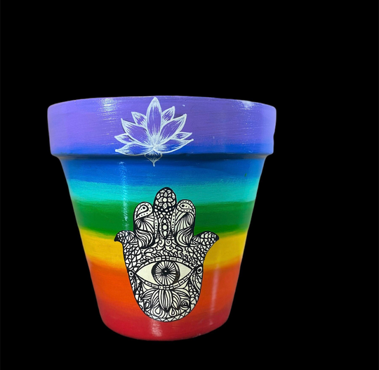 Chakras Color Pot With Hamsa, Unalome & Lotus Designs