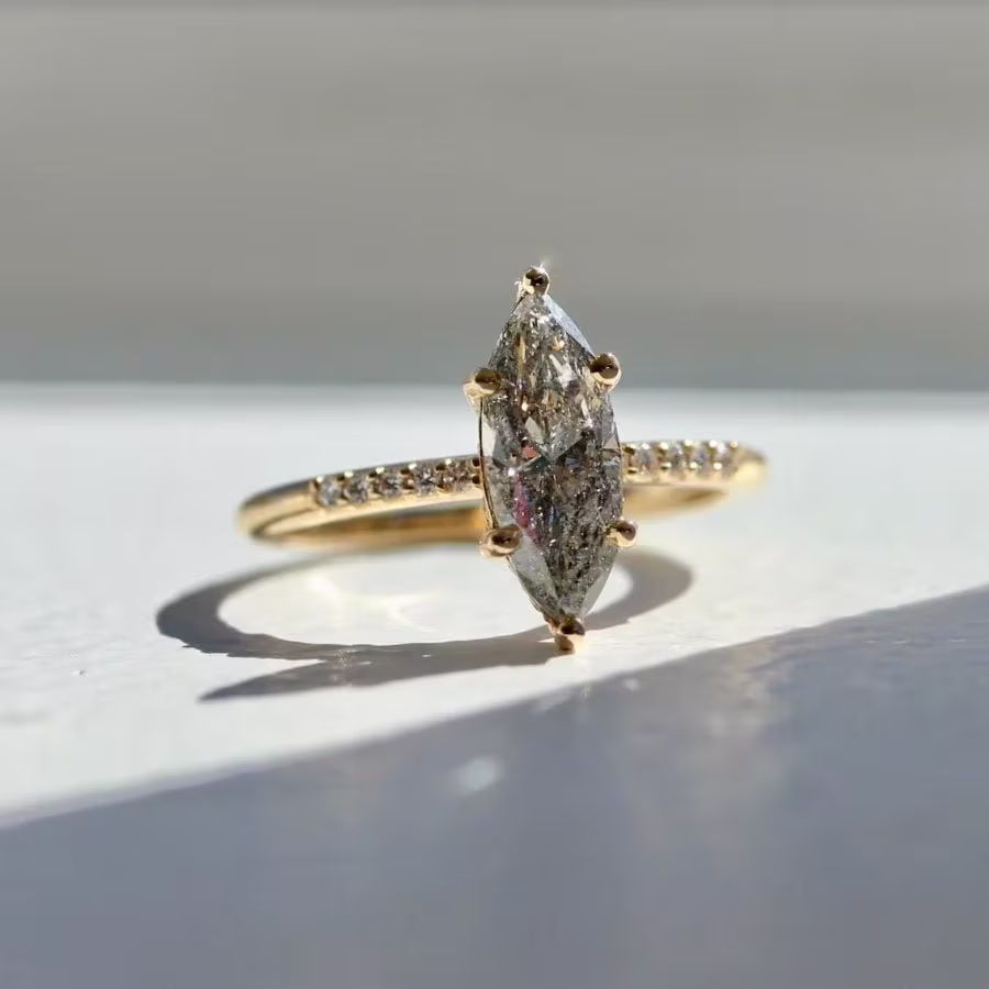 Galaxy Night 1.7Ct Salt & Pepper Diamond Marquise Cut 18K Solid Yellow Gold Handmade Ring, Retro Jewelry, Wedding Ring Gift For Her