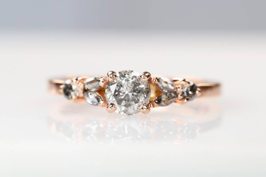 14K & 18K Gold Salt & Pepper Round Cut Diamond Ring, Minimalist Real Stacking April Birthstone H27