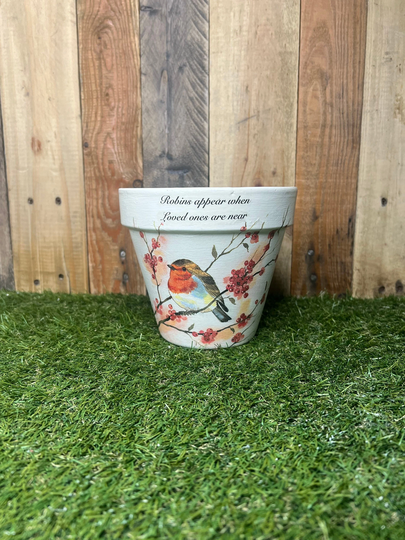 Robin & Berry Decoupaged Plant Pot, 15cm Robin Gift, Robins Appear When Loved Ones Are Near