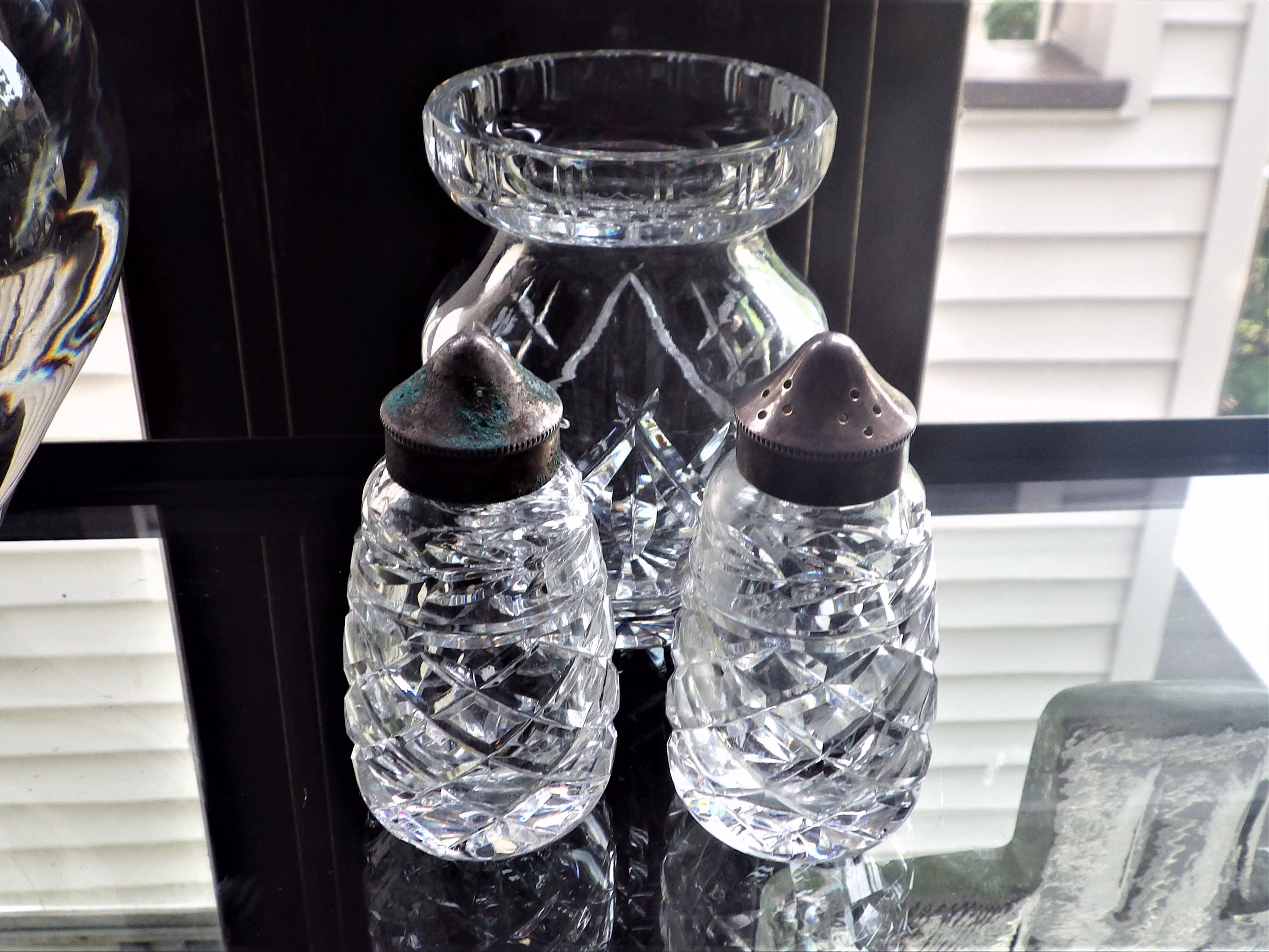 Waterford Salt & Pepper Shaker Mustard Jar Silver Plate S & P Open Gothic Script
