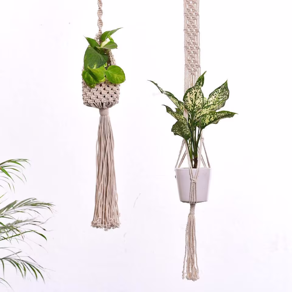 Macrame Boho Plant Hangers/Minimalist Cotton String Planters With Long Tassels Crochet Style Decor