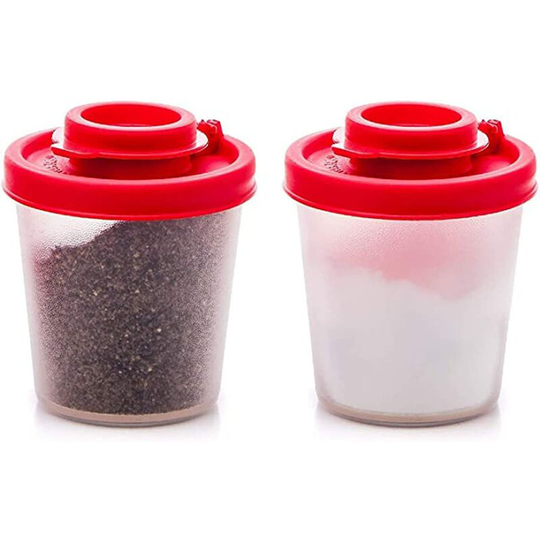 Aougo - Salt and Pepper Shakers Kitchen Lunch Boxes Travel Spice Set Clear with Red Covers Lids Plastic Airtight Spice Jar Dispenser Lunchboxes (2PC)
