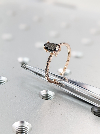 Black 1920's Raw Salt & Pepper Diamond, Pear Diamond Ring, Unique Engagement Bridal Set, Black, Gray Pear, 14K Yellow, Rose, Or White Gold
