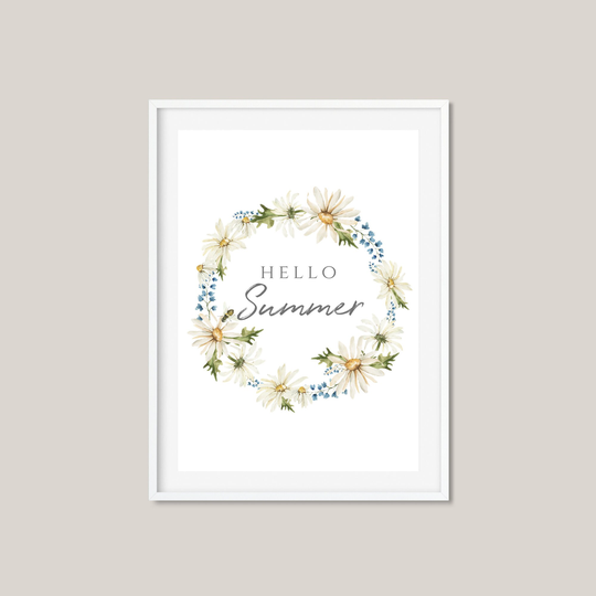 Summer Print | Hello Wall Art Watercolour Quote Positive Wreath Seasonal Decor