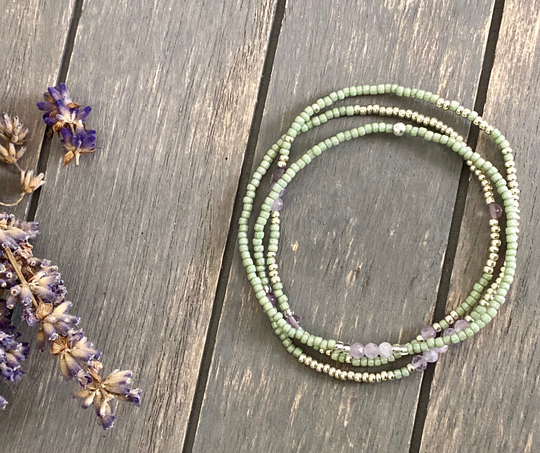 Amethyst Fluorite Women's Long Seed Bead Stretch Bracelet, Lavender Inspired Long Necklace
