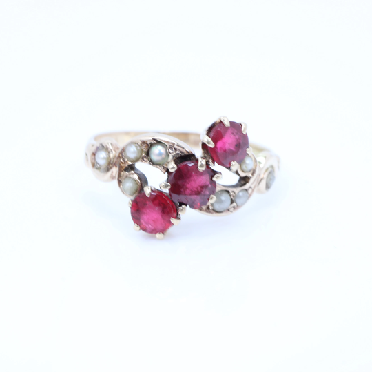 Victorian Rubellite Seed Pearl Ring 10K Gold Size 5.25