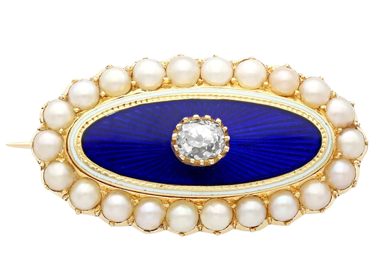 0.29Ct Diamond, Seed Pearl & Enamel, 15Ct Yellow Gold Brooch - Antique Victorian
