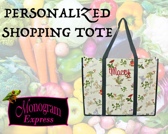 Personalized Reusable Shopping Bag | Herbs Pattern Tote Eco Friendly Tote Grocery Green Trim Storage Large