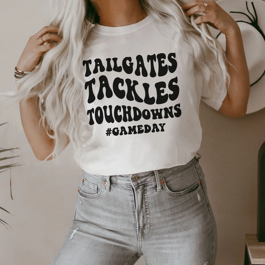 Tailgates Tackles & Touchdowns Shirt, Football Game Day Tshirt, Women's Shirt, Tailgate Tops, Football Season