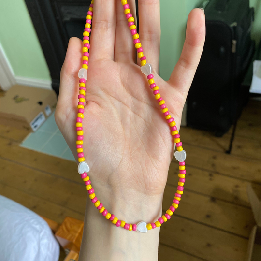 Pink & Yellow Heart Seed Bead Necklace