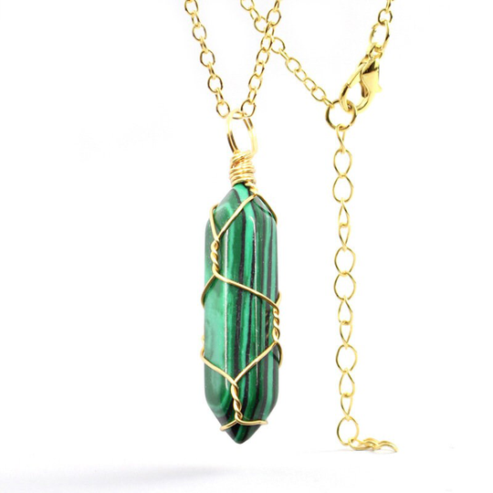 Natural Handmade Crystal Necklace Silver Wire & Gold Wrapped Malachite Healing Point Beautiful Gift For Her