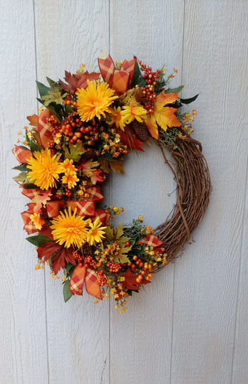 Fall Grapevine Wreath For Front Door/ Autumn Wreath/ Farmhouse Design/ Seasonal Decor/ Flowers/ Berries/ Wall Hanging